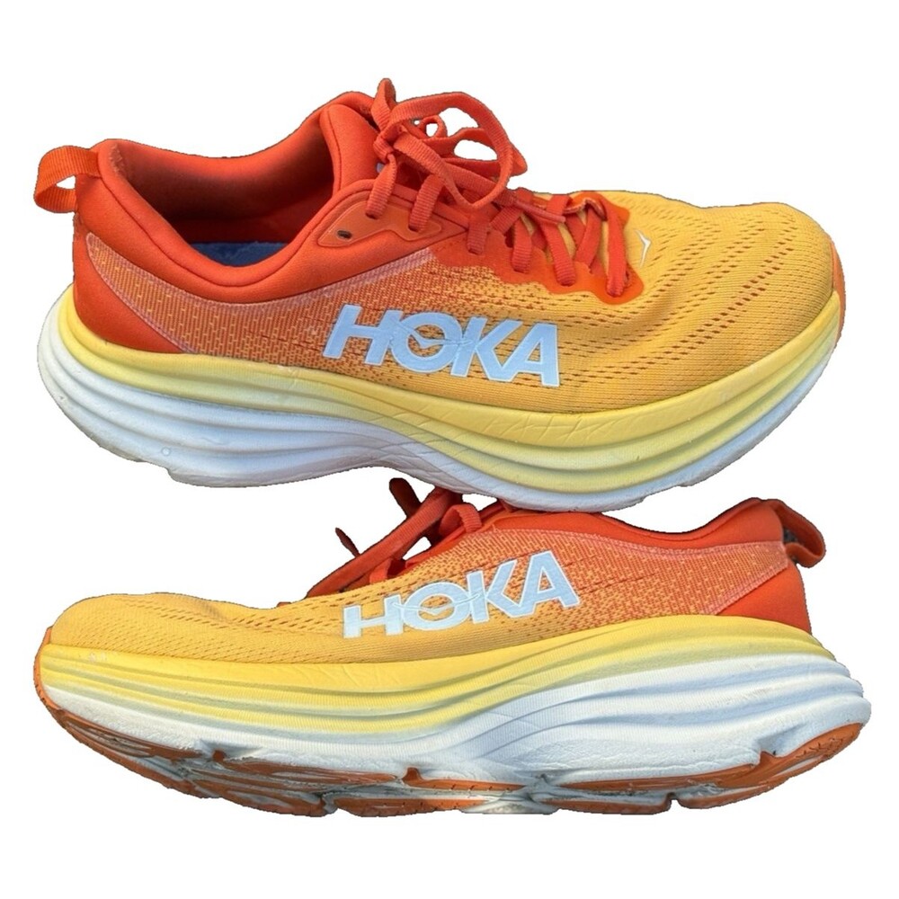 HOKA ONE ONE Bondi 8 Men's Size 9 Orange Yellow White Mesh Lace Up Sneakers